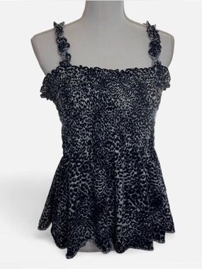 Smocked Leopard Print Ruffle Strap Tank Top - Black